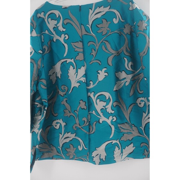 Caroline Rose NWT Turquoise Blue & Silver Damask Floral Blouse Plus Size 3X - Picture 5 of 13